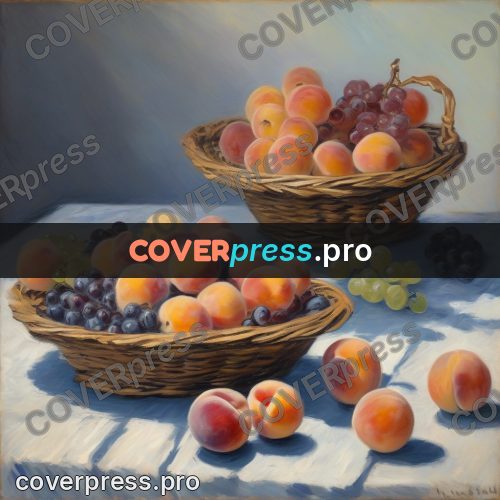 Monet style drawing: basket of peaches on a table