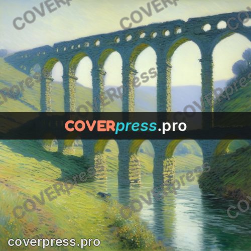 Monet style drawing: stone arch bridge over a river