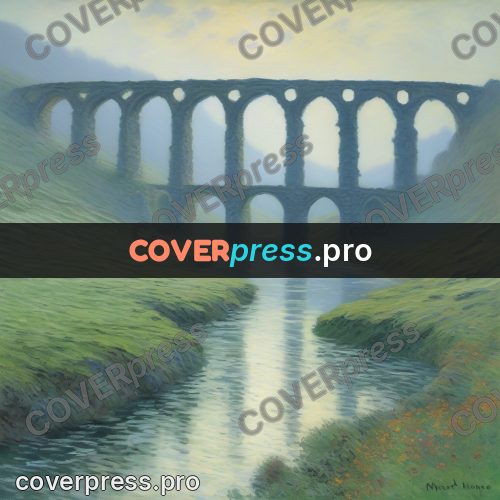 Monet style drawing: stone arch bridge over a river