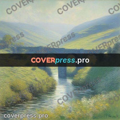 Monet style drawing: stone arch bridge over a river