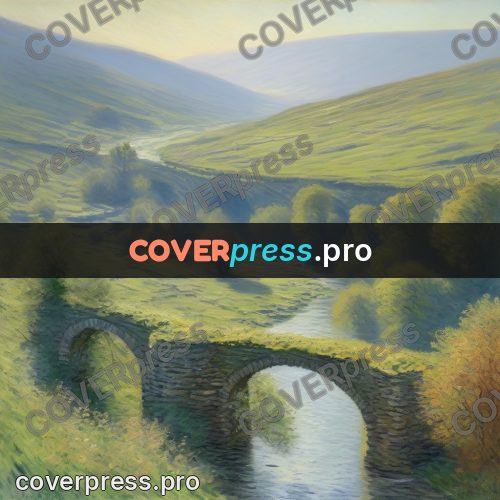 Monet style drawing: stone arch bridge over a river