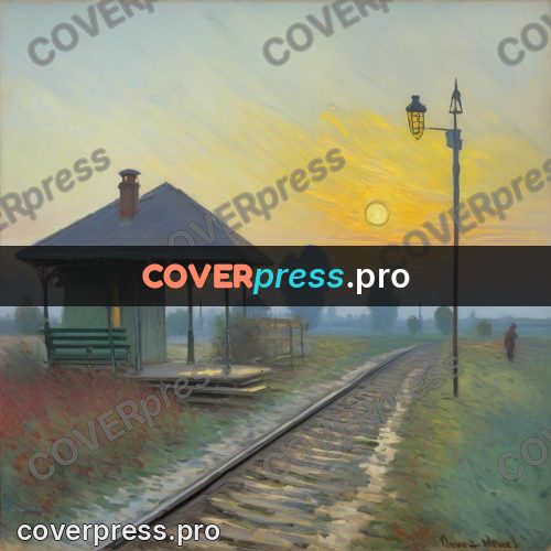 Monet style drawing: small country station at sunset