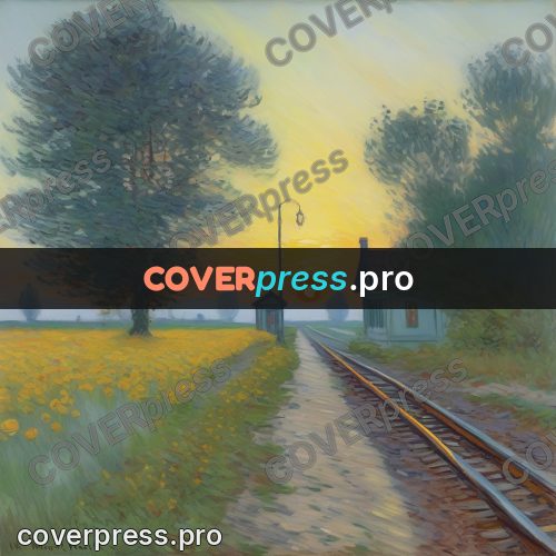 Monet style drawing: small country station at sunset