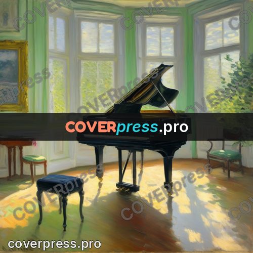 Monet style drawing: black grand piano by a window