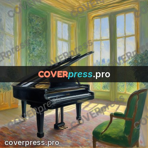 Monet style drawing: black grand piano by a window