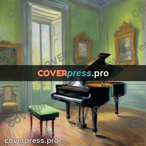 Monet style drawing: black grand piano by a window