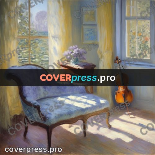 Monet style drawing: cello and lilac by a window