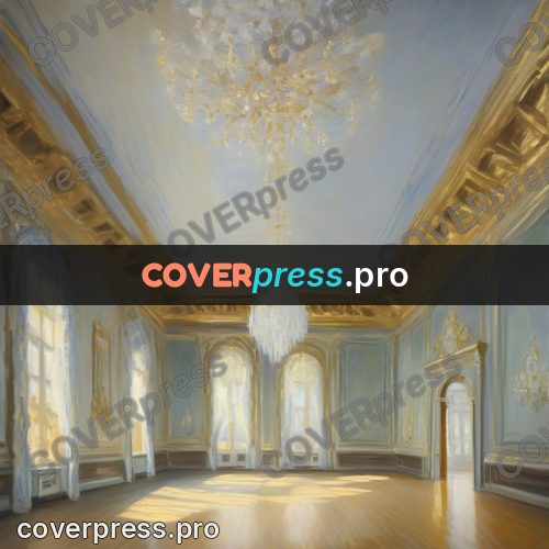 Monet style drawing: empty ballroom with chandeliers