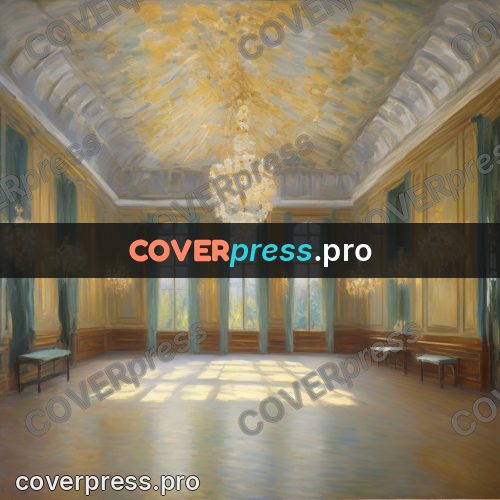 Monet style drawing: empty ballroom with chandeliers