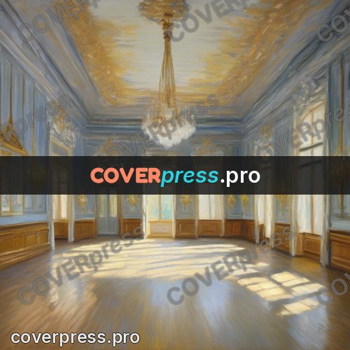 Monet style drawing: empty ballroom with chandeliers