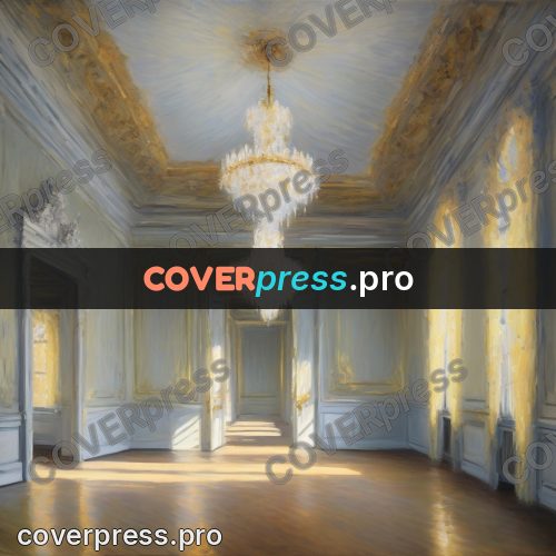 Monet style drawing: empty ballroom with chandeliers