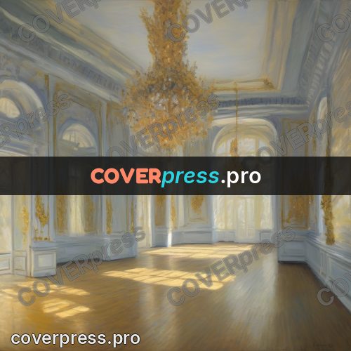 Monet style drawing: empty ballroom with chandeliers