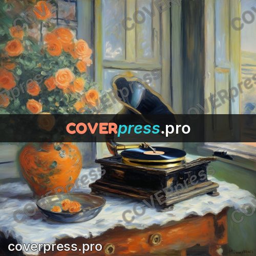 Monet style drawing: gramophone and roses by a window