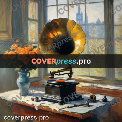 Monet style drawing: gramophone and roses by a window