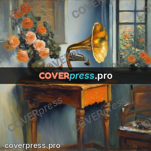 Monet style drawing: gramophone and roses by a window