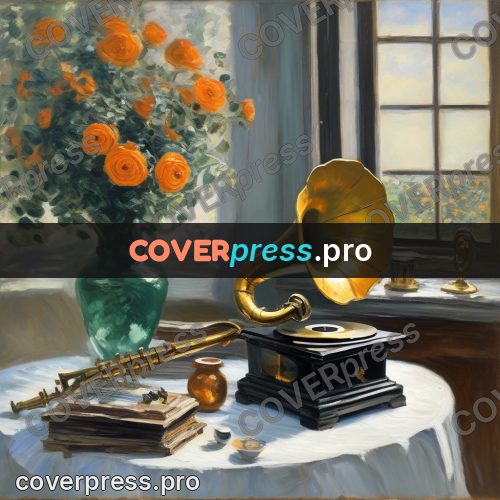 Monet style drawing: gramophone and roses by a window
