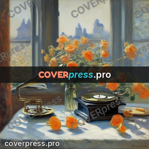Monet style drawing: gramophone and roses by a window