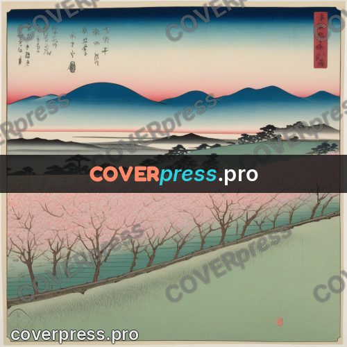 Ukiyo-e drawing: blossoming trees and mountains