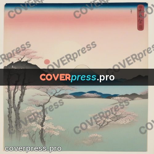 Ukiyo-e drawing: blossoming trees and mountains