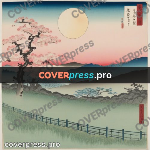 Ukiyo-e drawing: blossoming trees and mountains
