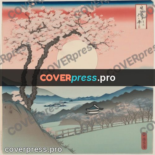 Ukiyo-e drawing: blossoming trees and mountains