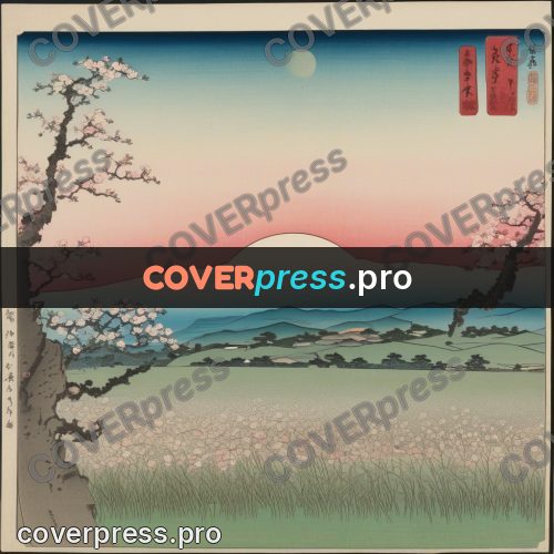 Ukiyo-e drawing: blossoming trees and mountains