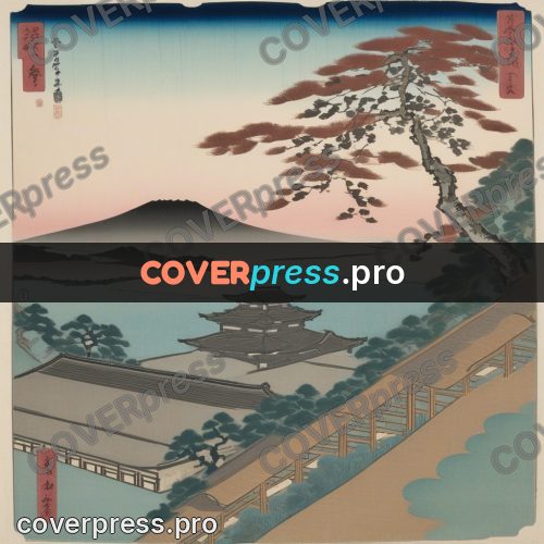 Ukiyo-e drawing: temple among trees by water