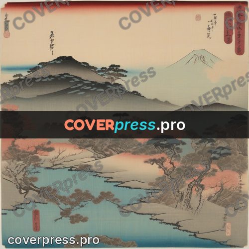 Ukiyo-e drawing: temple among trees by water