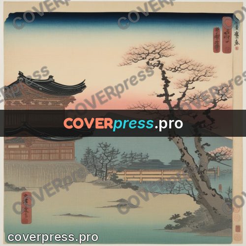 Ukiyo-e drawing: temple among trees by water
