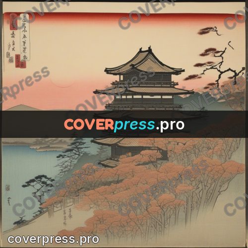 Ukiyo-e drawing: temple among trees by water