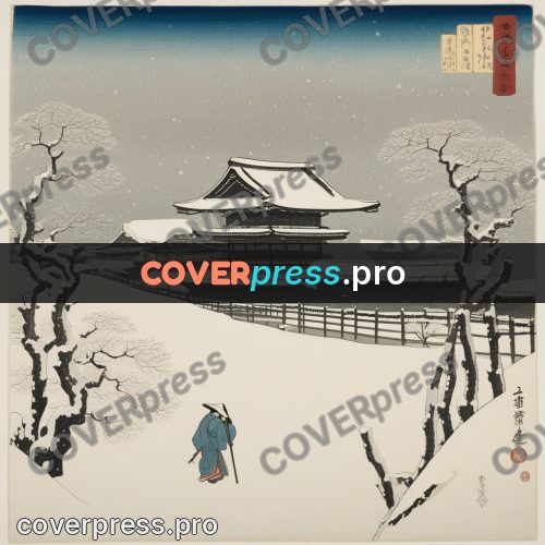 Ukiyo-e drawing: temple under snow
