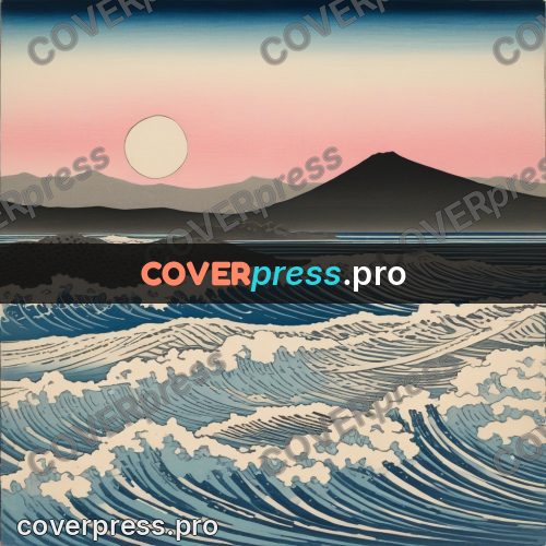 Ukiyo-e drawing: waves and a pale disc above