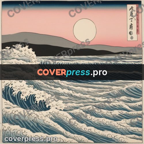 Ukiyo-e drawing: waves and a pale disc above