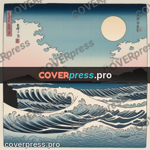 Ukiyo-e drawing: waves and a pale disc above
