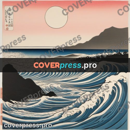 Ukiyo-e drawing: waves and a pale disc above
