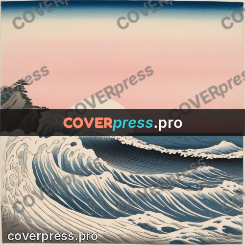 Ukiyo-e drawing: waves and a pale disc above