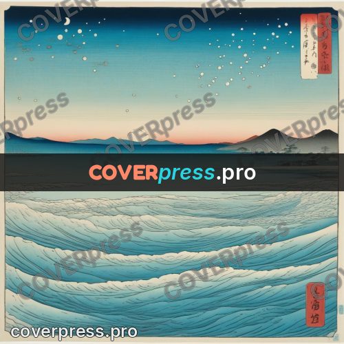 Ukiyo-e drawing: calm sea by the shore