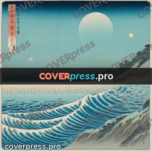 Ukiyo-e drawing: calm sea by the shore