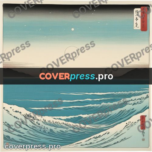 Ukiyo-e drawing: calm sea by the shore