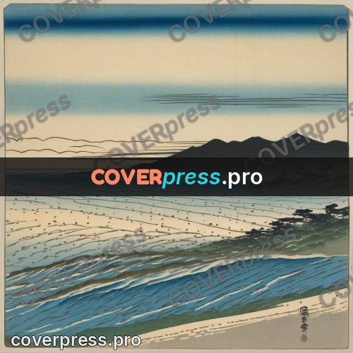 Ukiyo-e drawing: shallows and waves at the shore