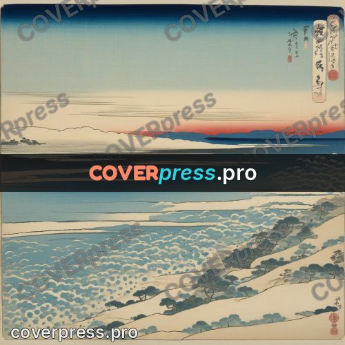 Ukiyo-e drawing: shallows and waves at the shore