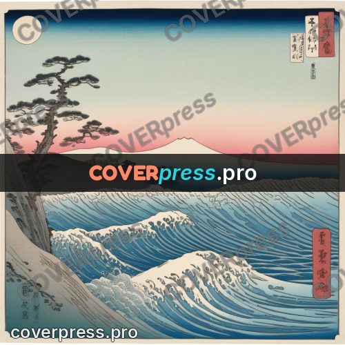 Ukiyo-e drawing: waves by rocks under the moon