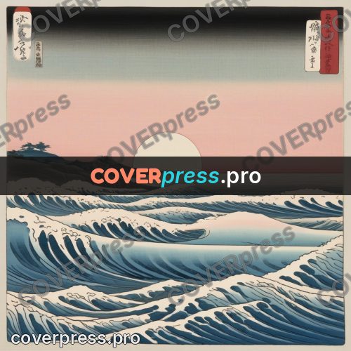 Ukiyo-e drawing: waves by rocks under the moon