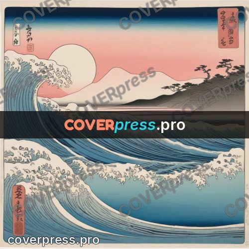 Ukiyo-e drawing: waves by rocks under the moon