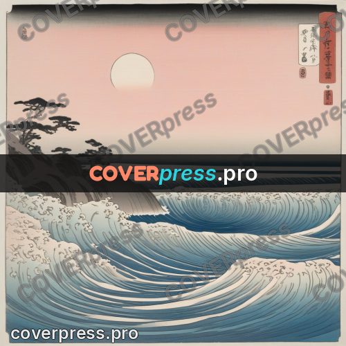 Ukiyo-e drawing: waves by rocks under the moon