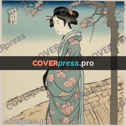 Ukiyo-e drawing: woman in a kimono by water