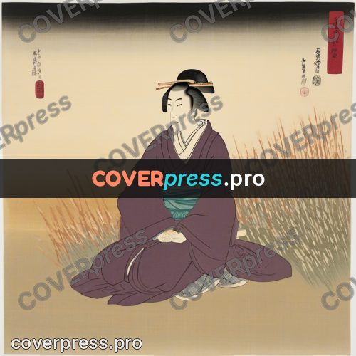 Ukiyo-e drawing: woman sitting by dry grass
