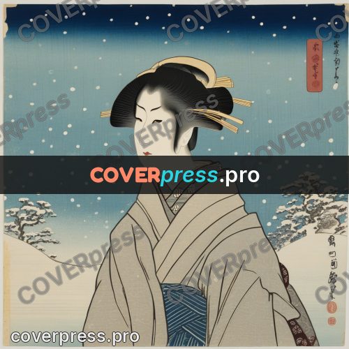 Ukiyo-e drawing: woman in a kimono in snow