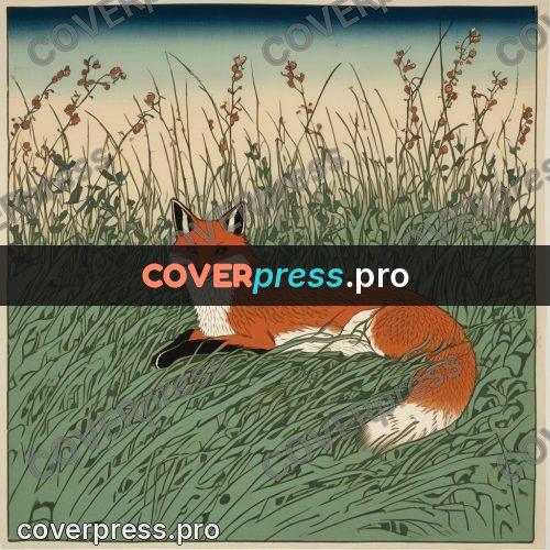 Ukiyo-e drawing: fox lying in tall grass