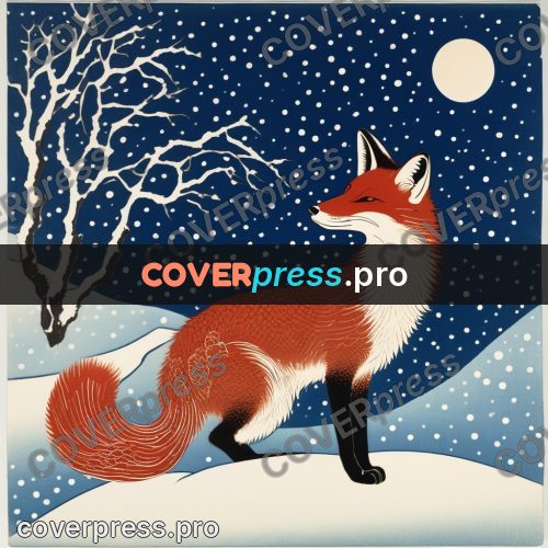 Ukiyo-e drawing: fox on snow under the moon